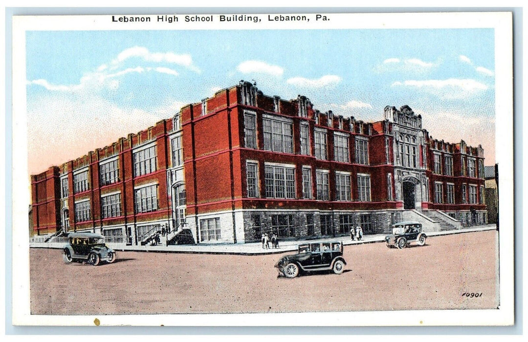 c1920 Lebanon High School Building Classic Cars Lebanon Pennsylvania PA Postcard