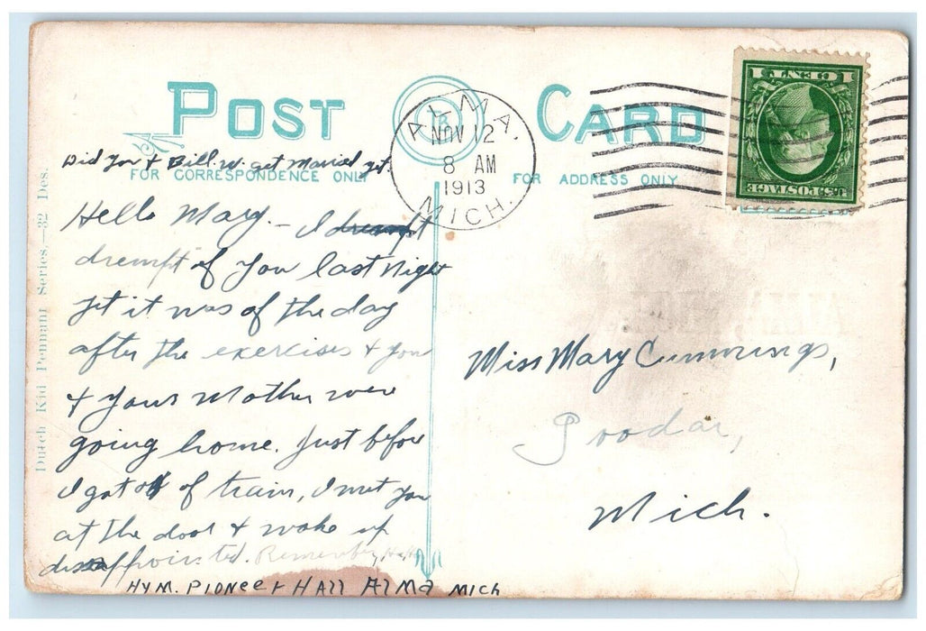 1913 Kissing Vas Fine Alma Michigan Because Der Air Vas Goot Pennant MI Postcard