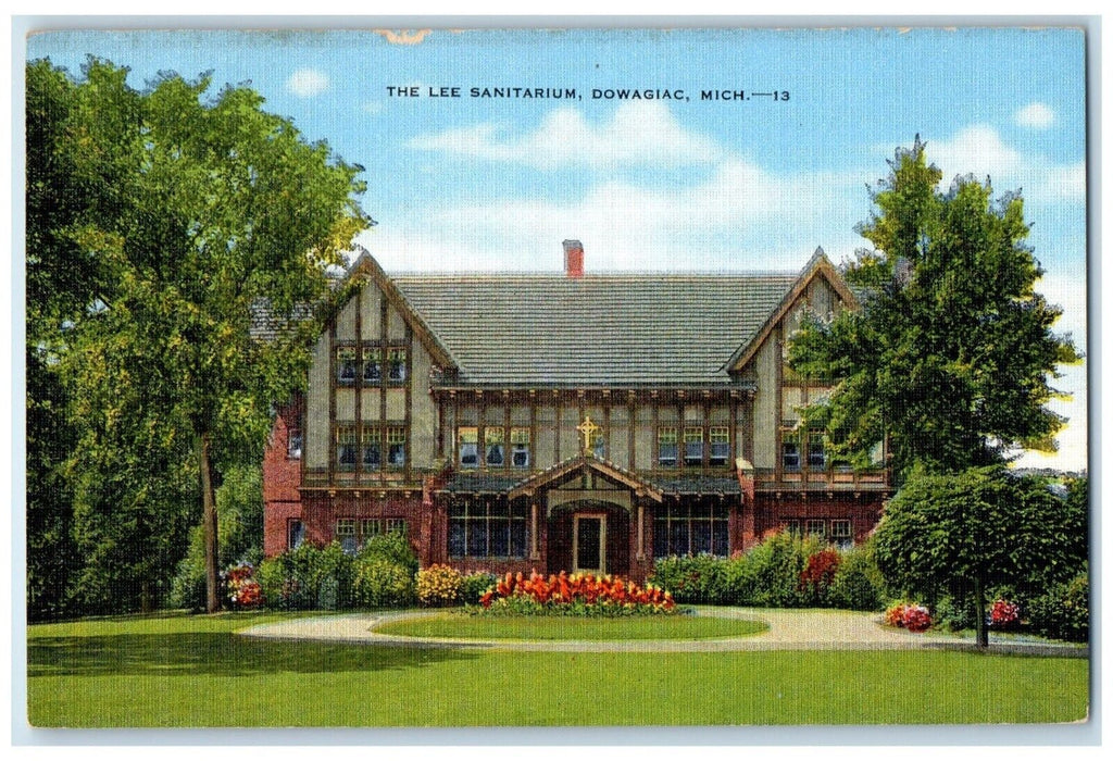 c1940 Exterior View Lee Sanitarium Building Dowagiac Michigan MI Linen Postcard