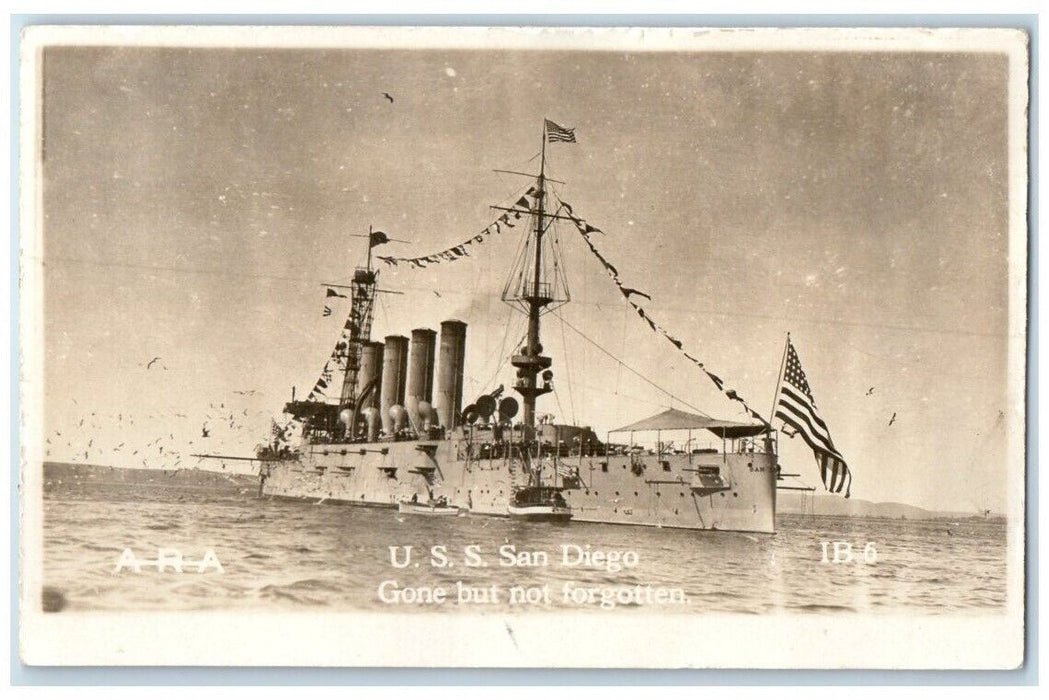 c1918 USS San Diego Battleship Navy Gone But Not Forgotten RPPC Photo Postcard