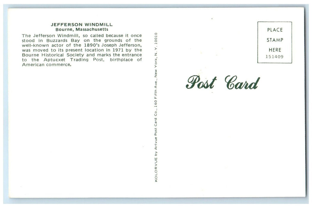 c1960 Jefferson Windmill Buzzards Bay Trading Post Bourne Massachusetts Postcard