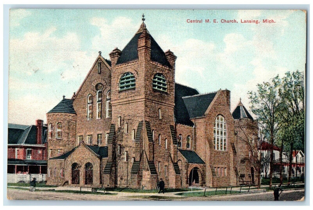 1913 Exterior View Central M.E. Church Lansing Michigan Antique Vintage Postcard
