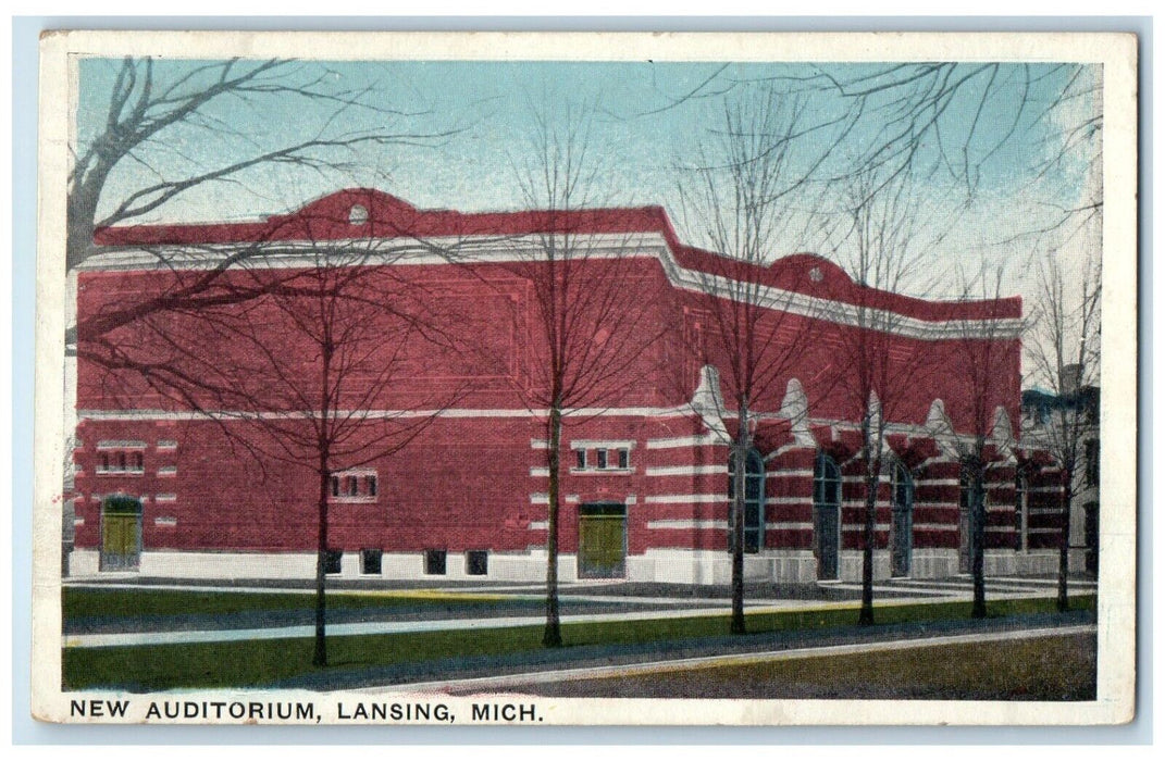 1919 Exterior View New Auditorium Building Lansing Michigan MI Vintage Postcard