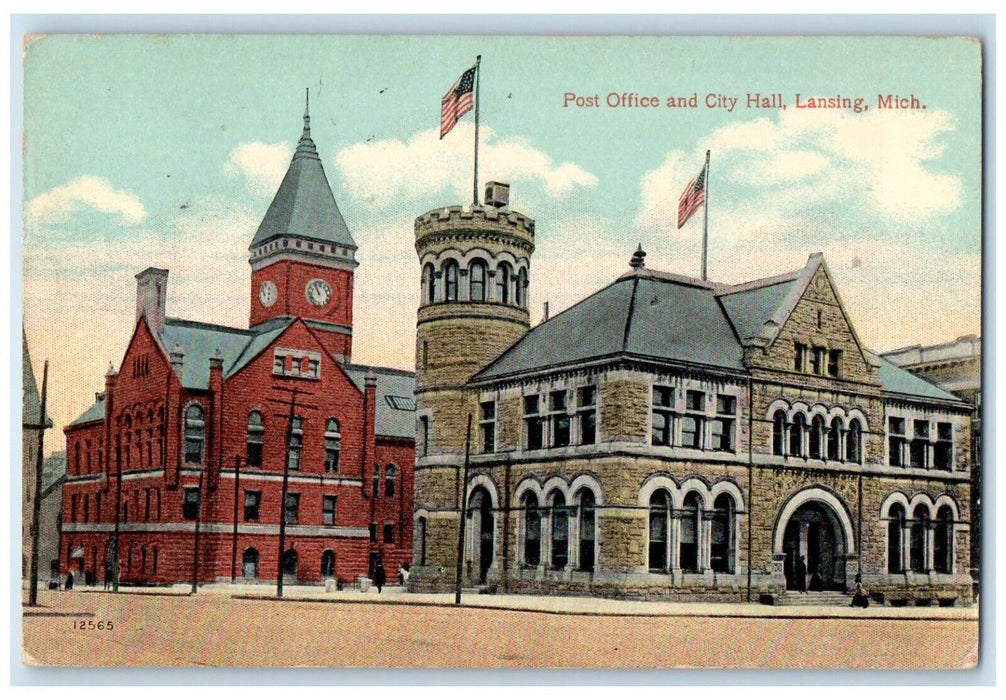 1915 Exterior View Post Office & City Hall Building Lansing Michigan MI Postcard
