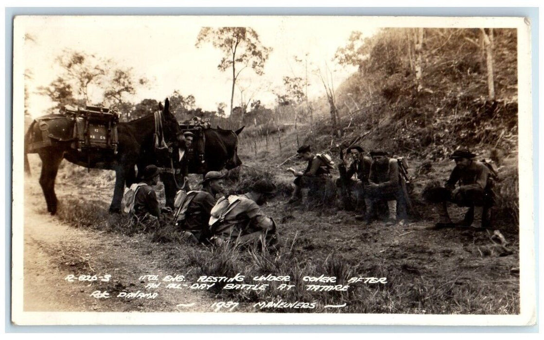 1937 English Soldiers Resting Under Cover Battle Of Tatare RPPC Photo Postcard