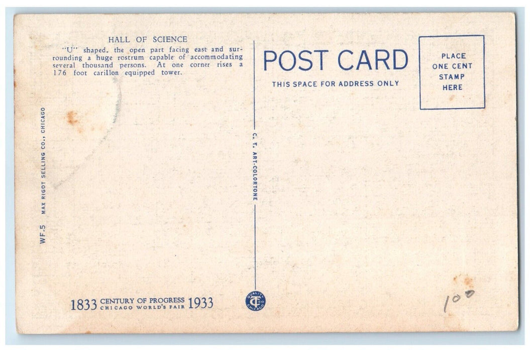 1933 View Of Hall Of Science Chicago World's Fair Illinois IL Vintage  Postcard