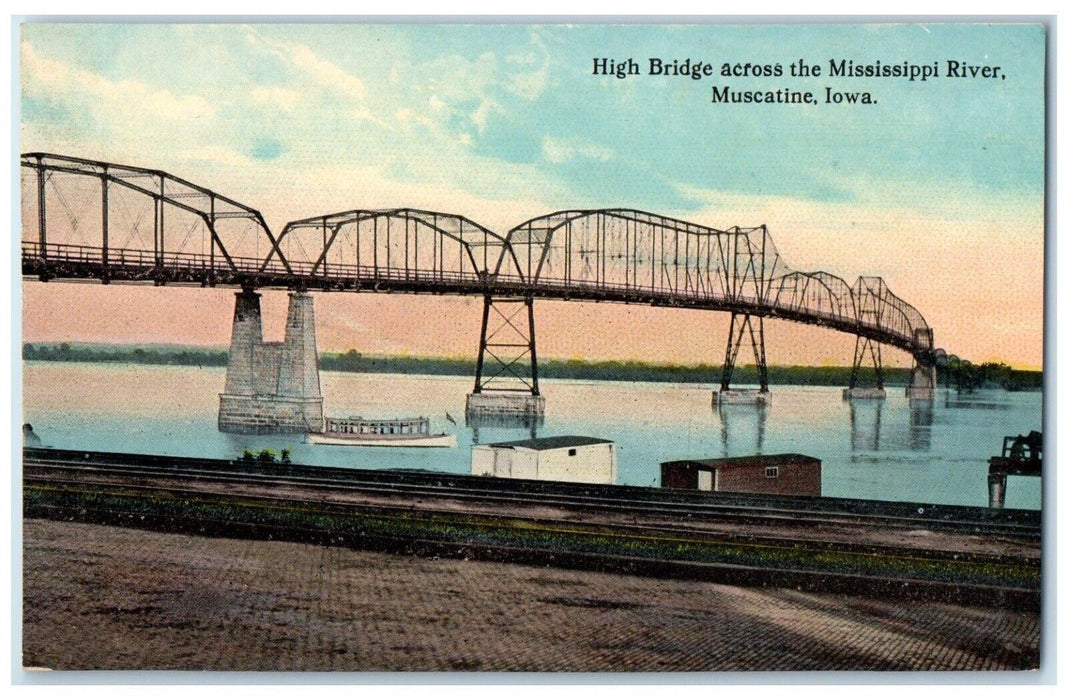 c1910's High Bridge Across The Mississippi River Muscatine Iowa IA Postcard