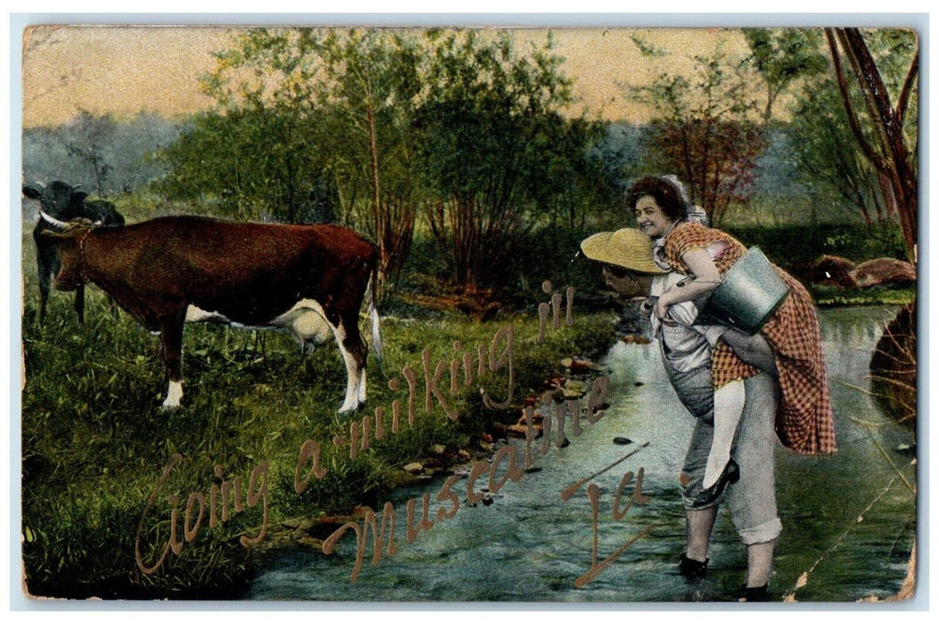 1910 Going A Milking In Muscatine Iowa IA, Couple Romance Antique Postcard