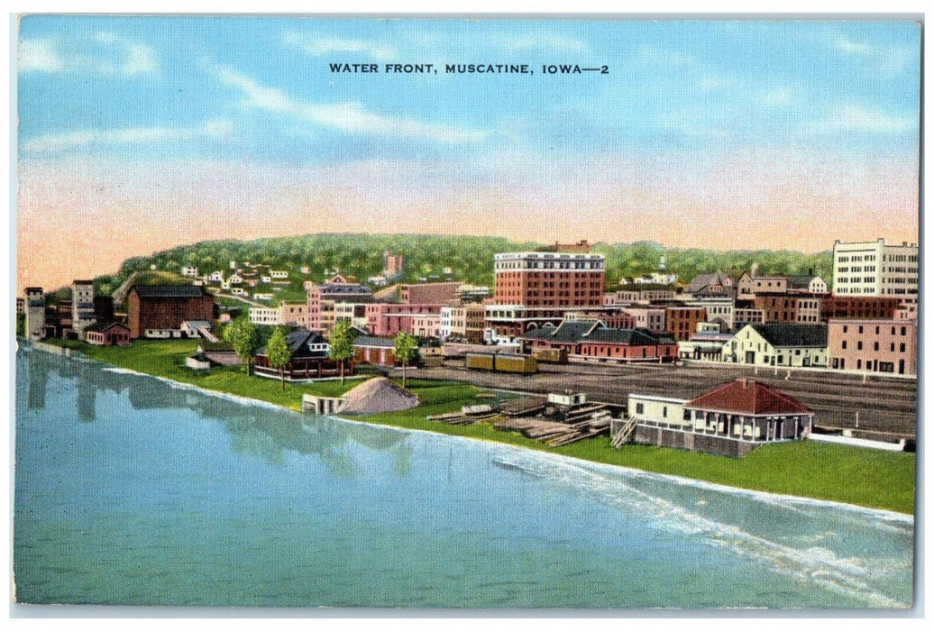 1937 View Of Water Front Buildings Scene Muscatine Iowa IA Vintage Postcard