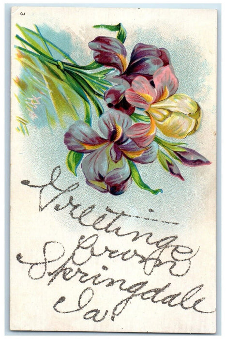 c1910's Greetings From Springdale Iowa IA, Flowers Glitter Embossed Postcard