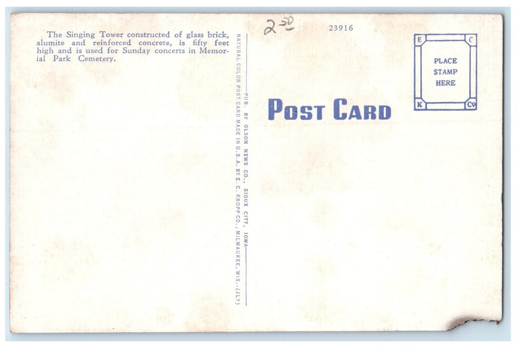 c1960's Tower Of Legends Singing Tower Sioux City Iowa IA Vintage Postcard