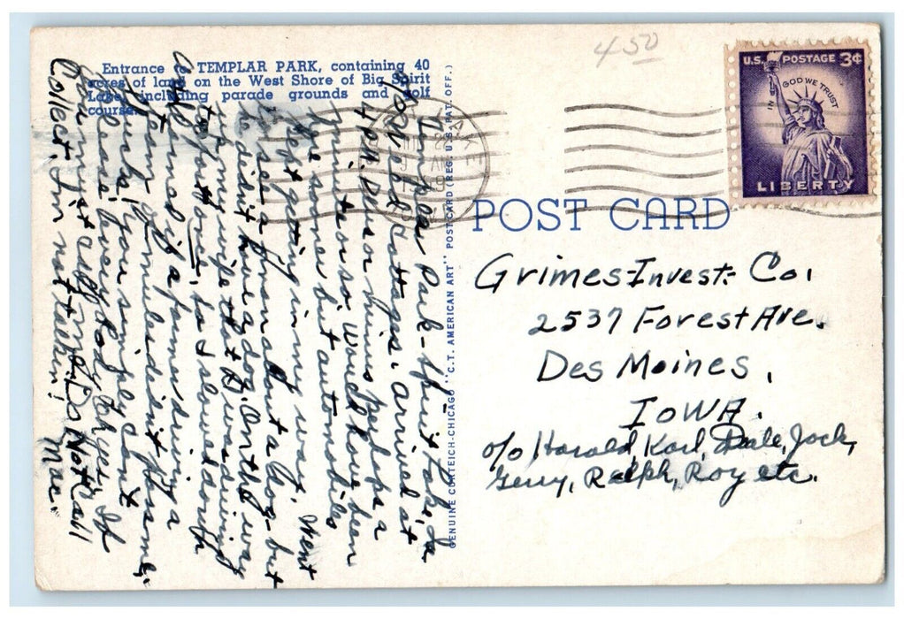 1959 View Of Entrance Templar Park Spirit Lake Iowa IA Posted Vintage Postcard