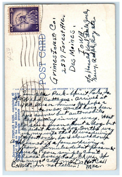 1959 View Of Entrance Templar Park Spirit Lake Iowa IA Posted Vintage Postcard