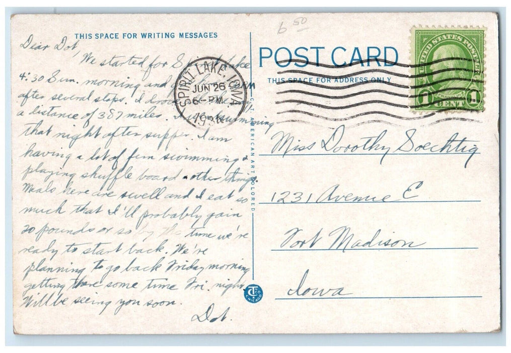 1934 General View Of Templar Park Building Scene Spirit Lake Iowa IA Postcard