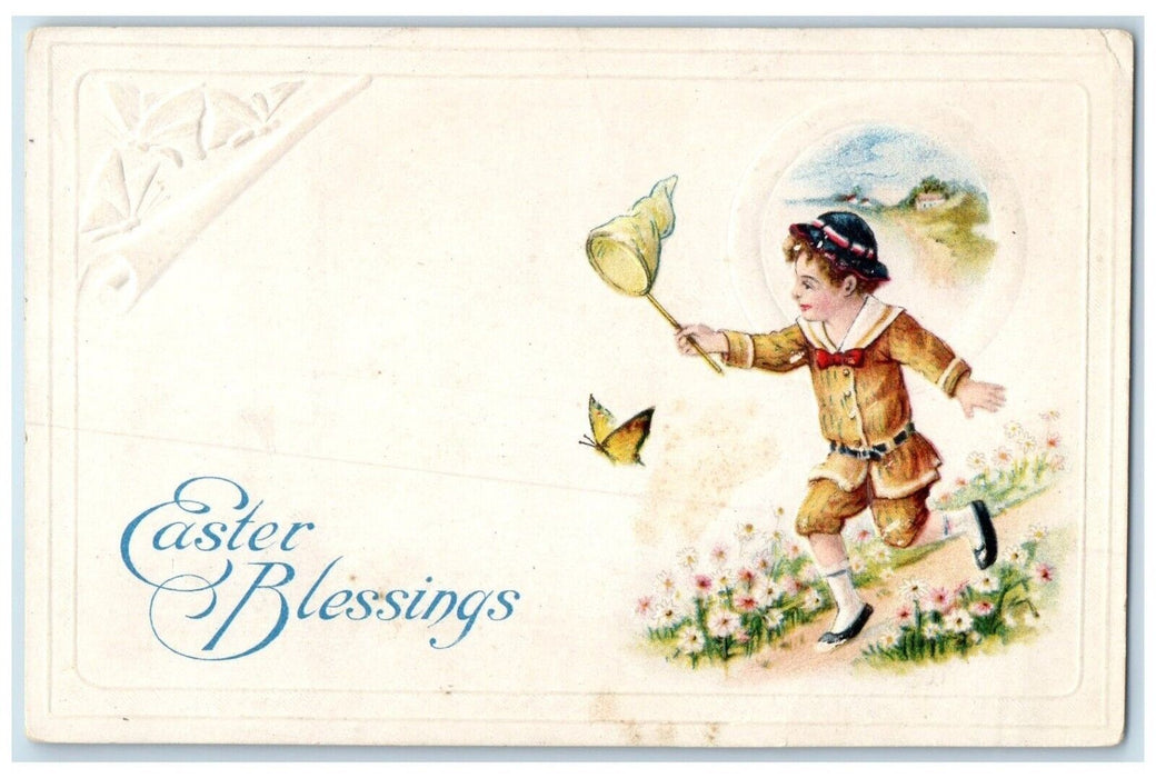 Easter Greetings Boy Caching Butterfly Flowers Embossed Brandon CO DPO Postcard
