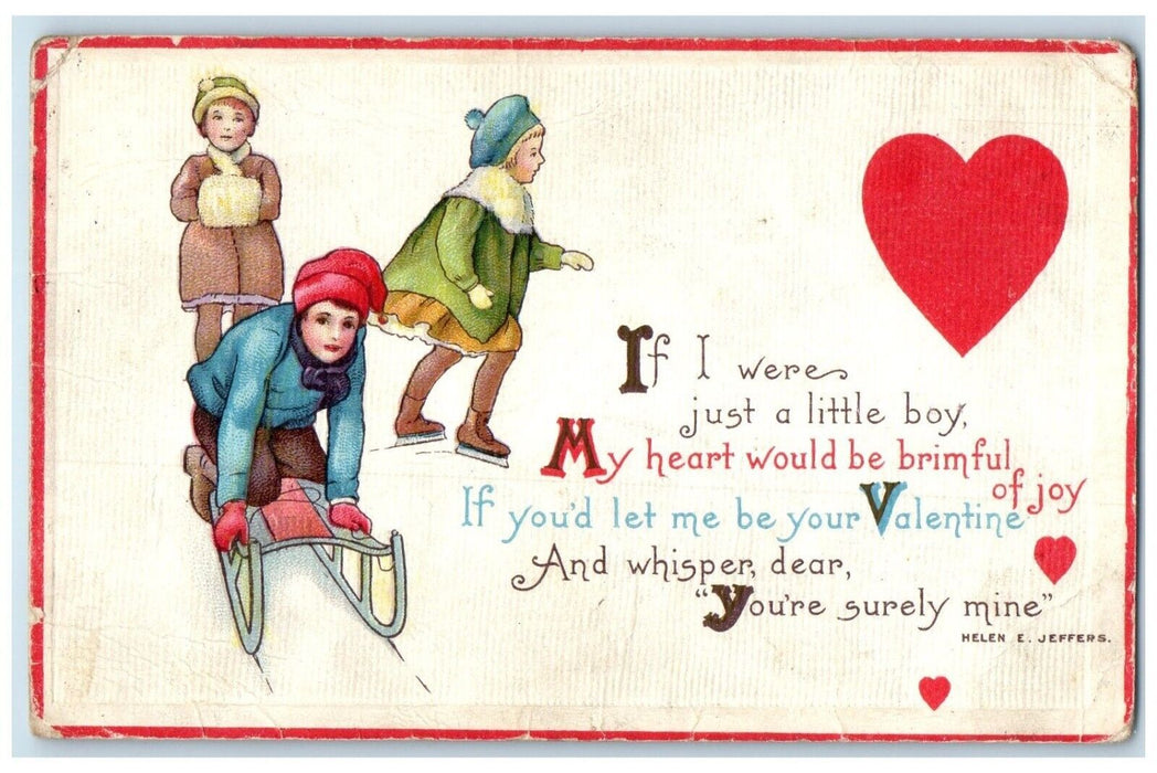 1916 Valentine Children Sled Heart Daytons Bluff Station St. Paul MN Postcard