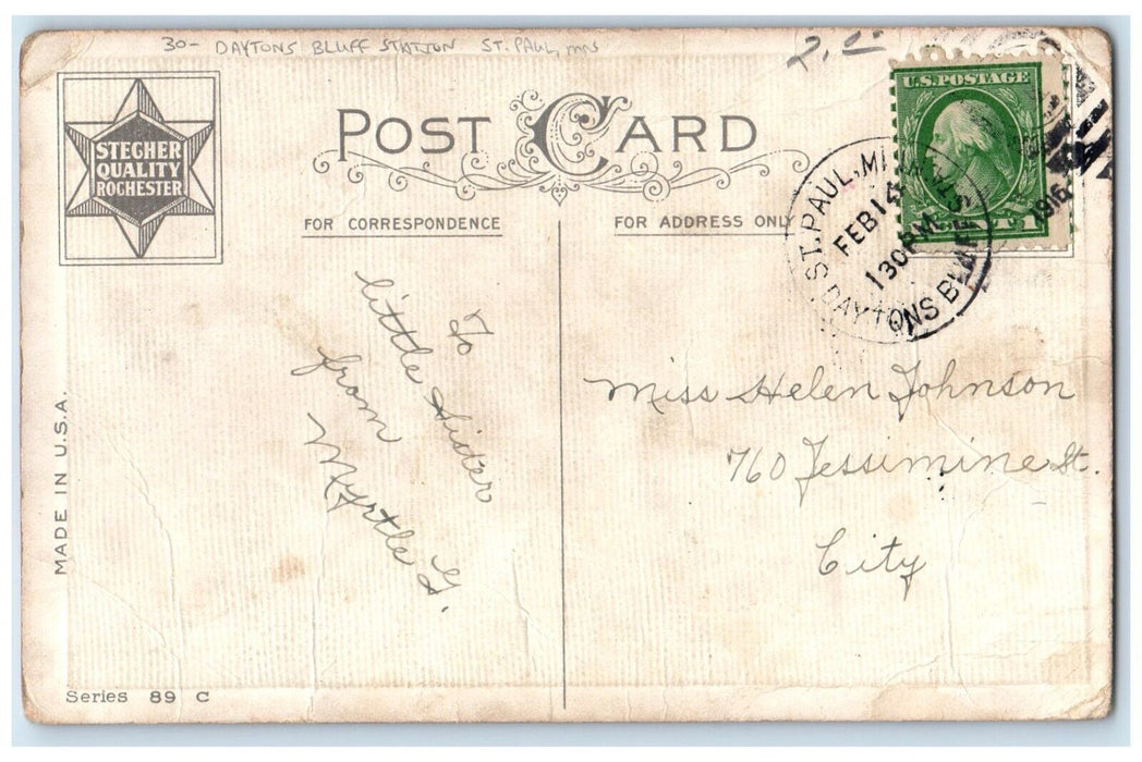 1916 Valentine Children Sled Heart Daytons Bluff Station St. Paul MN Postcard