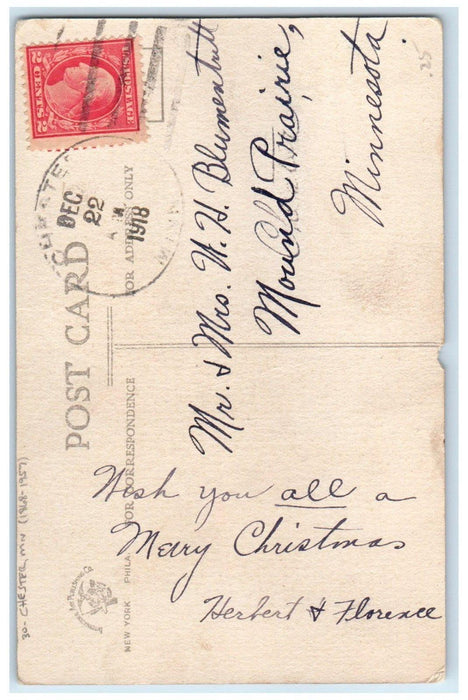 1918 Christmas Santa Claus Pine Tree Winter Chester MN 1868-1957 Posted Postcard