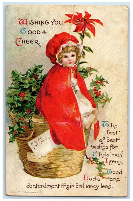 Christmas Little Girl Holly Berries In Basket Poinsettia Clapsaddle Postcard