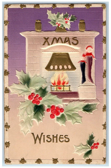 1918 Christmas Fireplace Hanging Stocking Holly Berries Airbrushed Postcard