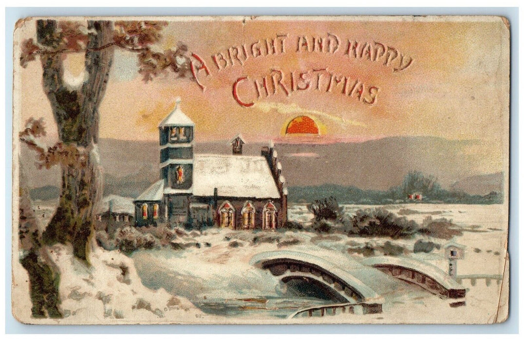 c1910's Christmas House Church Snow Winter Hold To Light HTL Embossed Postcard