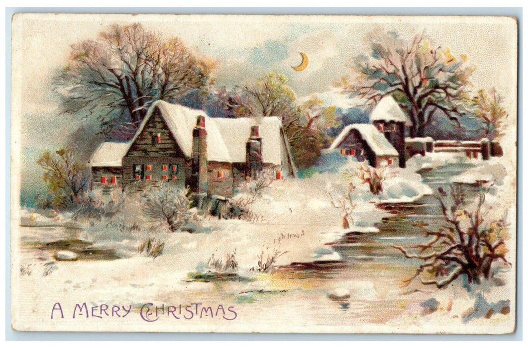 1912 Christmas Houses Winter Snow Crescent Hold To Light HTL Embossed Postcard