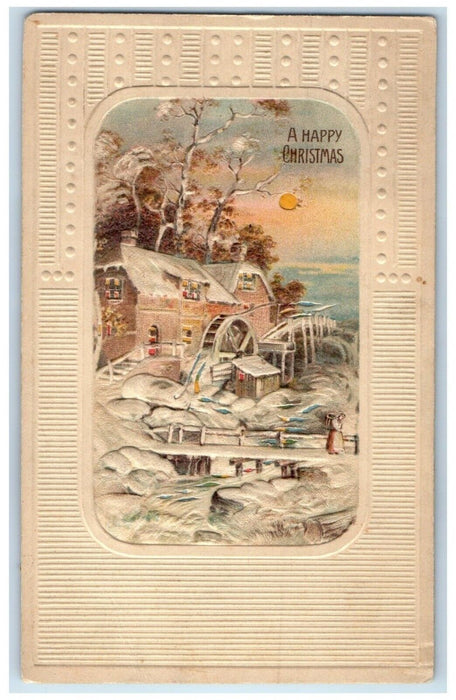 1912 Christmas Mill River Moon Scene Hold To Light HTL Embossed Antique Postcard