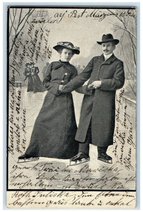 1904 Hungary Ice Roller Skating Couple Romance Posted Antique Postcard