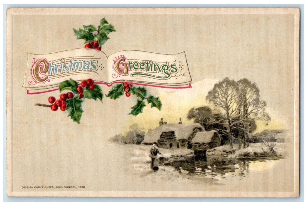 1912 Christmas Greetings Berries House Winter Winsch Back Detroit IL Postcard