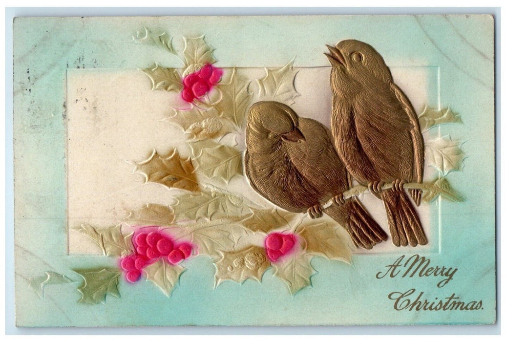 c1910's Christmas Song Birds Holly Berries Airbrushed Marion IL Antique Postcard