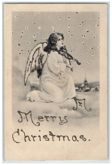 c1905 Christmas Angel Playing Violin Church Winter Glitter Antique Postcard