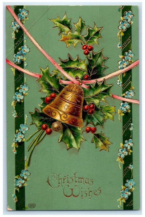 Christmas Ringing Bell Holly Berries Pansies Flowers Gel Gold Gilt Postcard