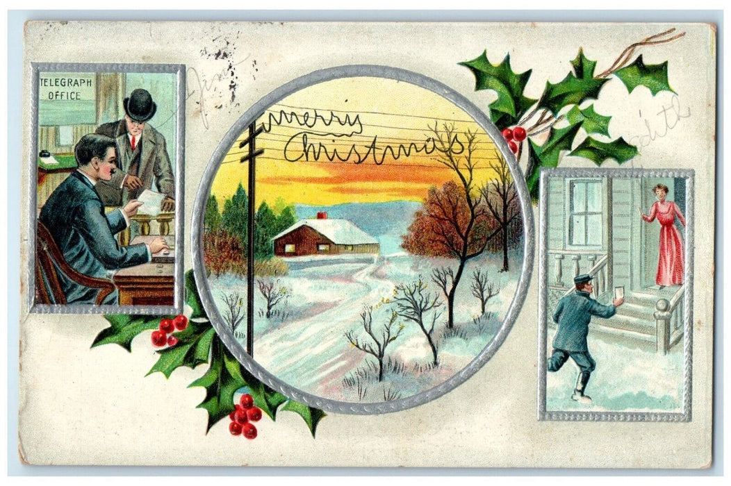 1910 Christmas Mailman House Winter Holly Berries Embossed Antique Postcard