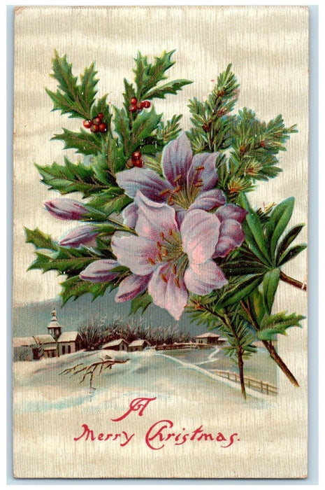 1908 Christmas House Church Flowers Berries Pine Cone Walcott Iowa IA Postcard