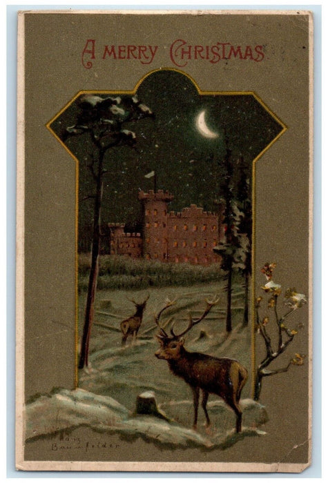 1908 Christmas Deer Winter Building Fairville Illinois IL Antique Postcard
