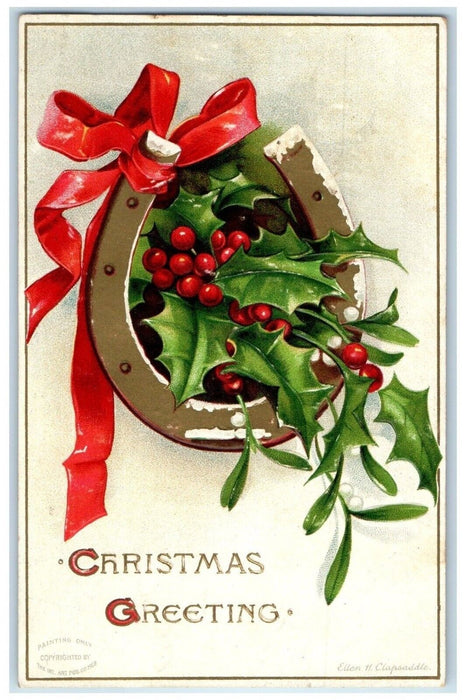 1908 Christmas Greetings Horseshoe Berries Ellen Clapsaddle Walcott IA Postcard