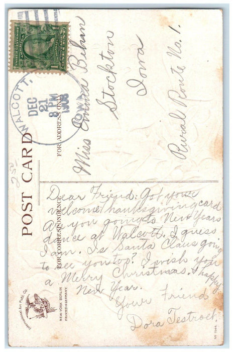 1908 Christmas Greetings Horseshoe Berries Ellen Clapsaddle Walcott IA Postcard