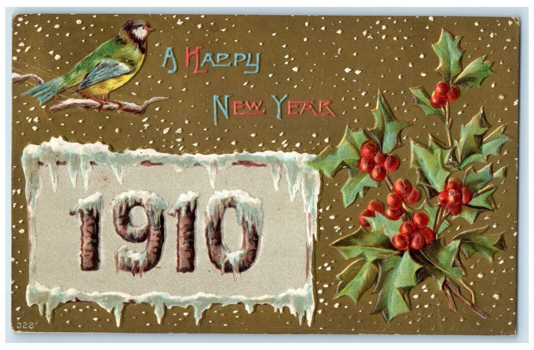 1910 New Year Bird Holly Berries Winter Embossed Liberty Illinois IL Postcard