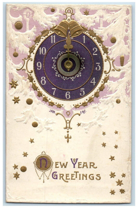 1913 New Year Greetings Clock Ringing Bells Basco Illinois IL Antique Postcard