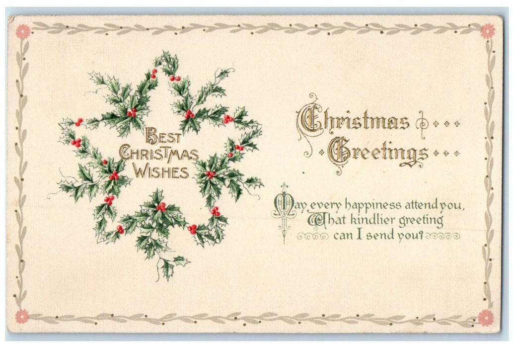 1921 Christmas Greetings Star Holly Berries Winsch Back Plymouth IL Postcard
