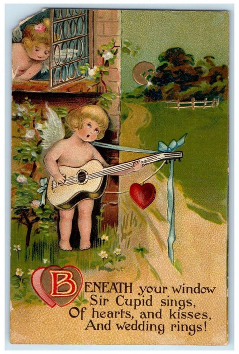1911 Valentine Cupid Angels Heart Window Embossed Northwood IA Antique Postcard