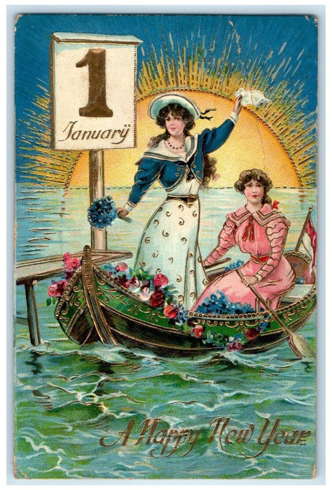 1909 New Year January 1 Calendar Pretty Woman Boating Embossed Antique Postcard