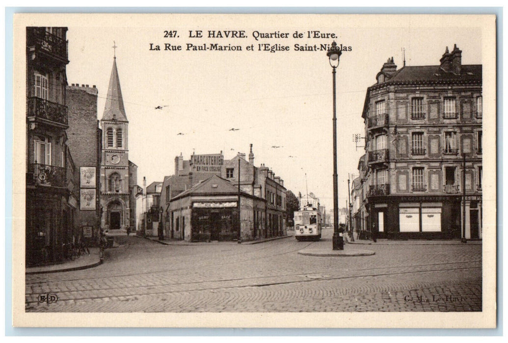 c1920's Paul-Marion Street & Church St. Nicolas Le Havre France Postcard