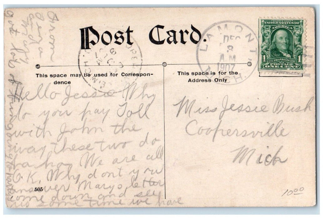 1907 Little Sweetheart Kissing Paying Toll Lamont Michigan MI Antique Postcard