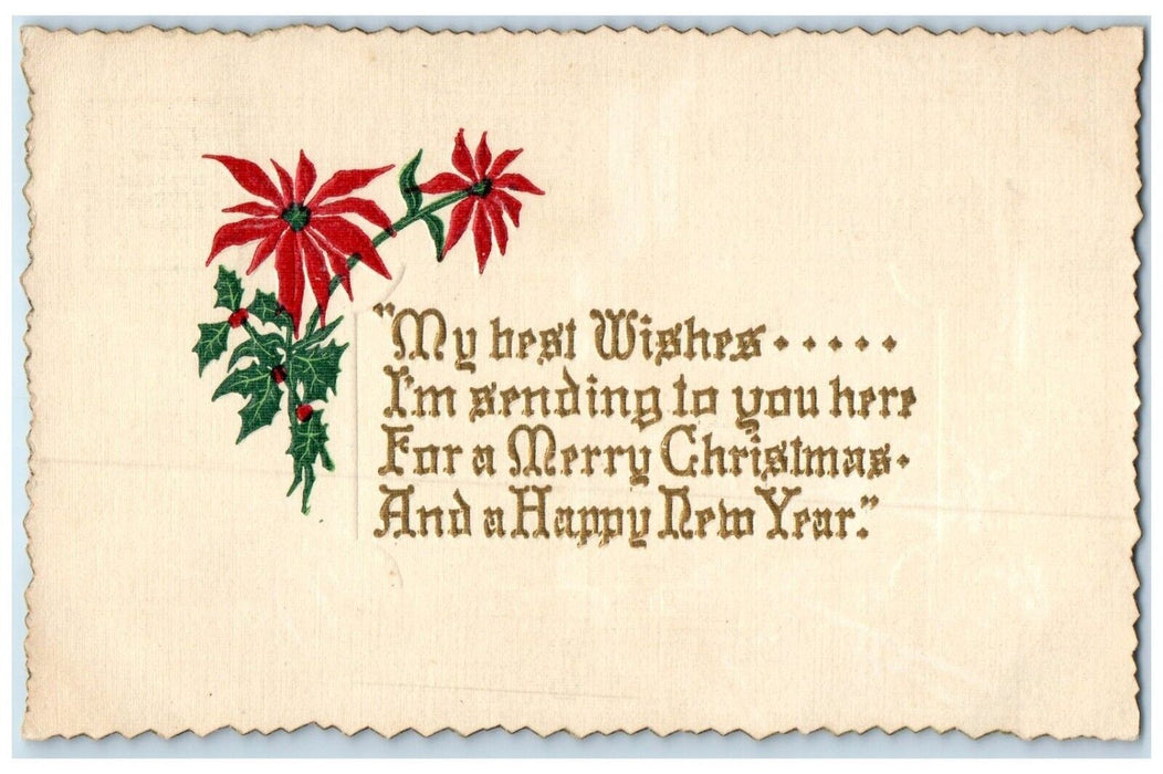 1912 Christmas Message Poinsettia Flowers Berries Embossed Wykoff MN Postcard