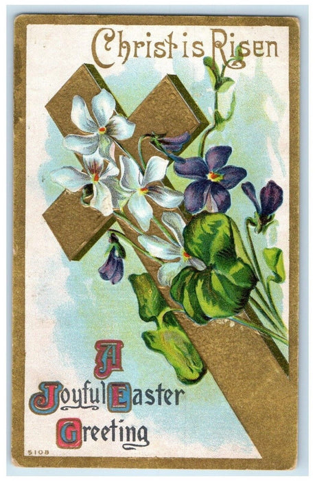 1912 Easter Greetings Cross Flowers Christ Is Risen Embossed Posted Postcard