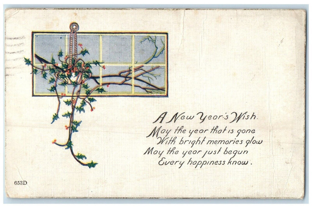 1921 New Year Wish Hanging Pot Holly Berries Owatonna Minnesota MN Postcard