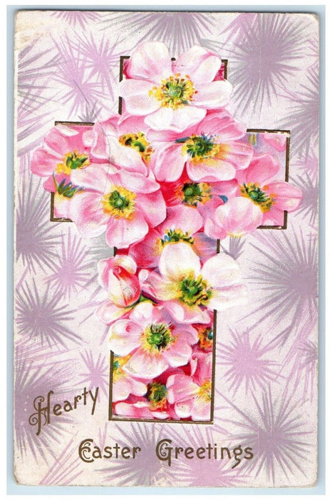 1913 Easter Greetings Holy Cross Covered Flowers Embossed Mound MN Postcard
