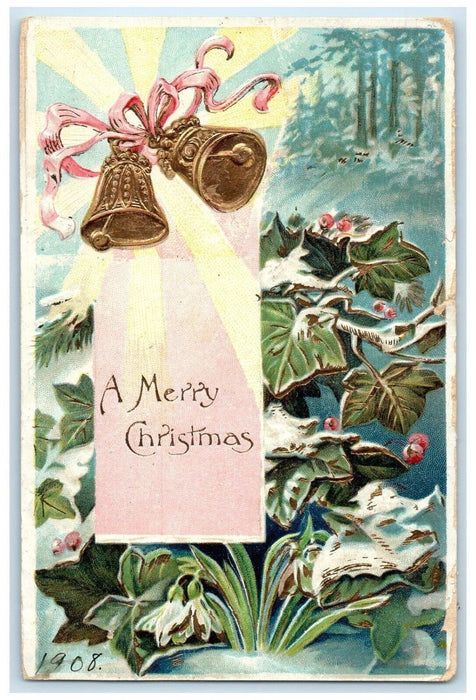 1908 Christmas Ringing Bells Holly Berries Embossed Chokio Minnesota MN Postcard