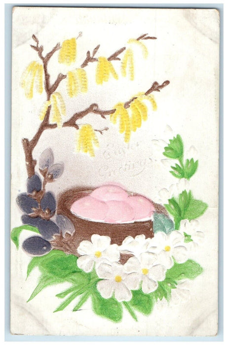 1909 Easter Greetings Egg Nest Pipe Berry Cattail Flowers Balaton MN Postcard